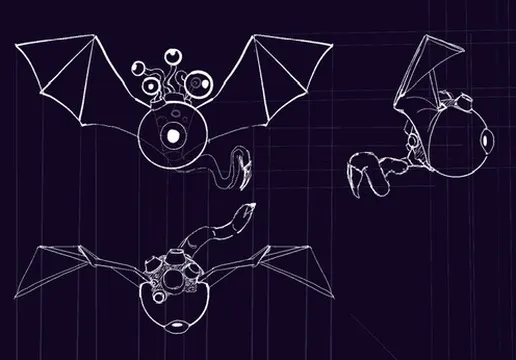 A drawing of an enemy (a flying eyeball) from three sides.