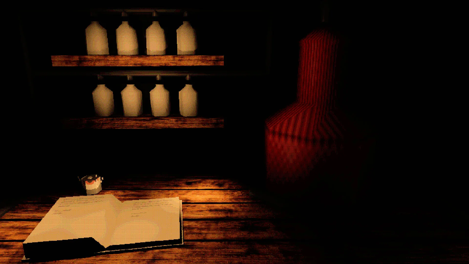 An in-dev screenshot of the first game. On the bottom half, on a desk, there are an open book and glasses, one of which contains an eyeball. On the upper half, two shelves hold 4 bottles each. The lighting is really moody, the graphics are pixelated.