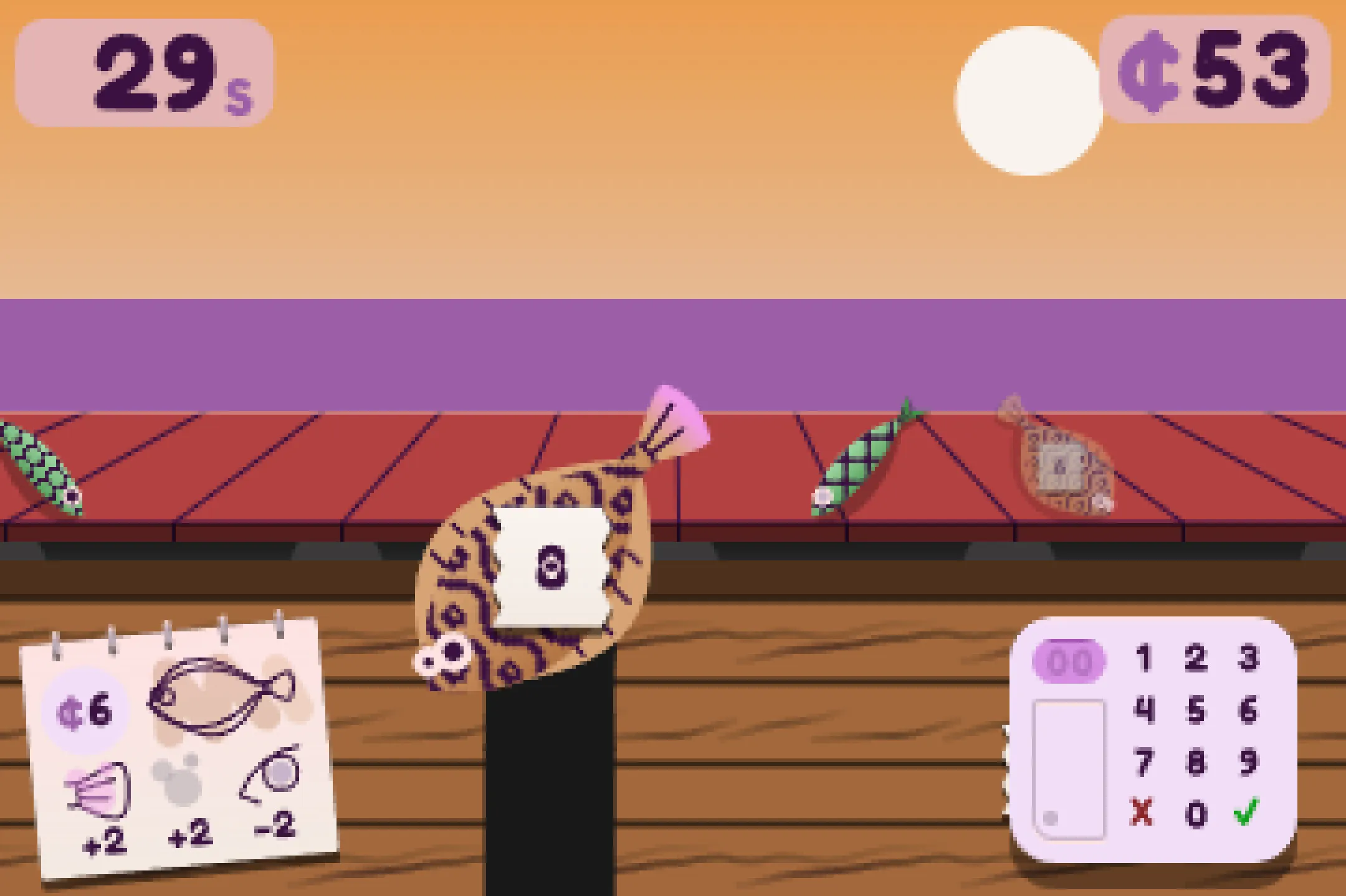 A screenshot of a game in progress. A cat paw holds a fish. In front of the player, there are a table with a printer and a pricesheet, and a conveyor belt. In the background, a purple sea and the sun in a clear sky.