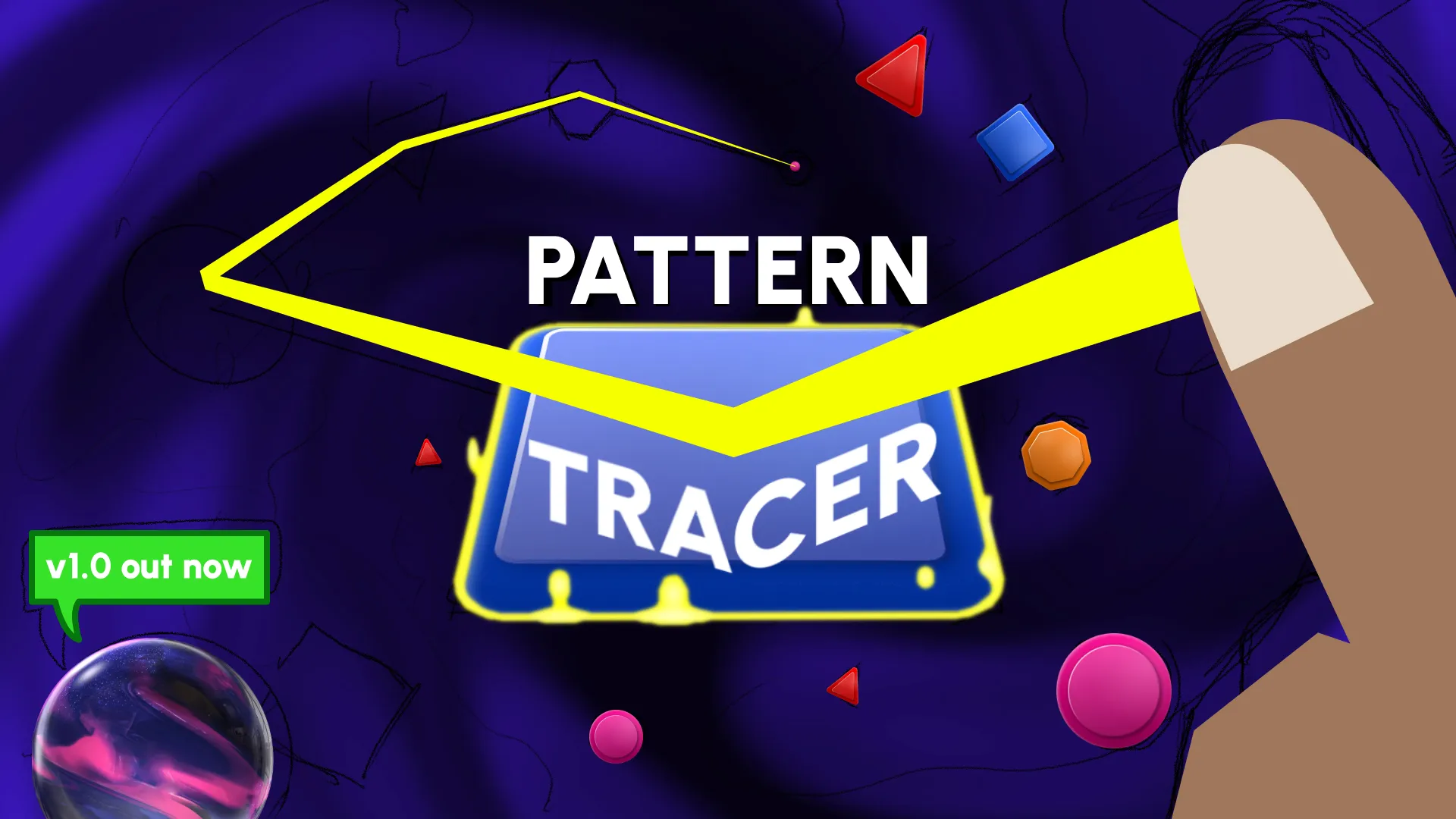 An advanced sketch of the game promotional art. A finger connects multiple shapes. In the center, a glowing shape contains the words "Pattern Tracer."