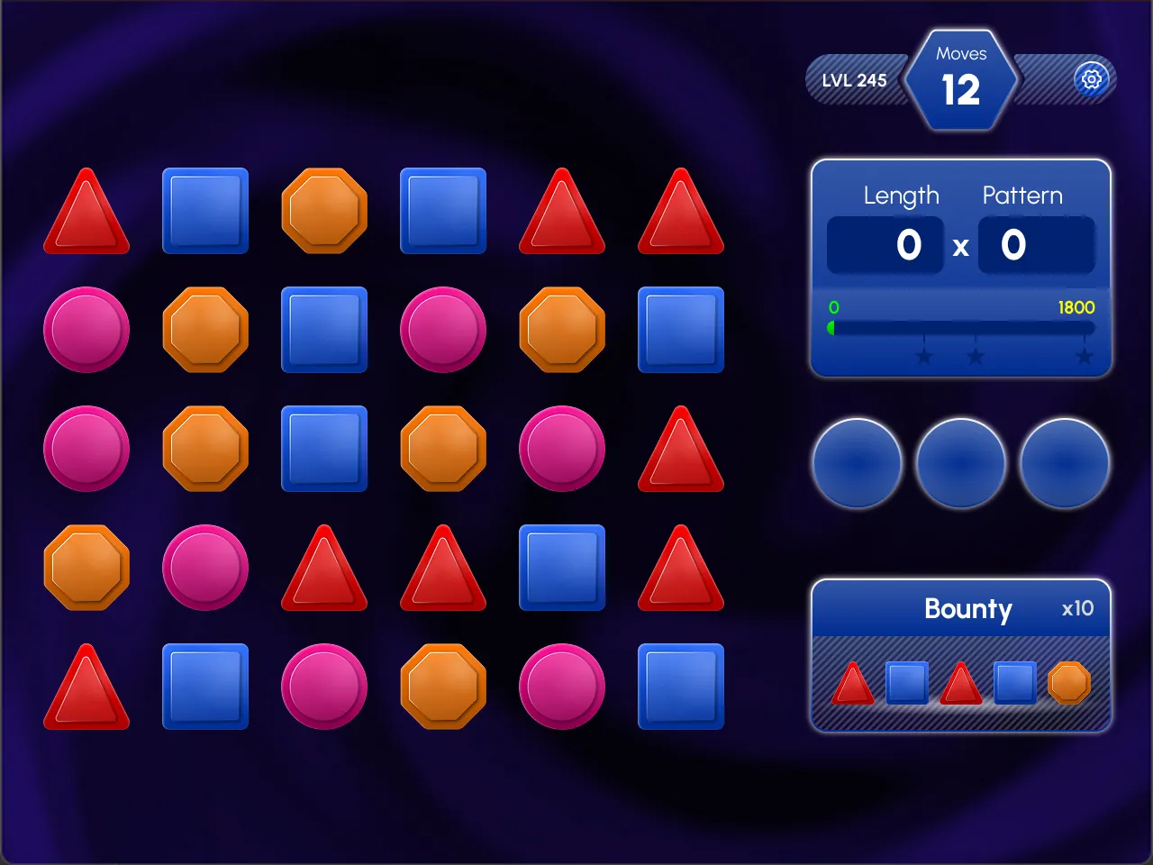 The UI of the second game. On the left, a board of abstract symbols. On the right, a sidebar with a point tracker.