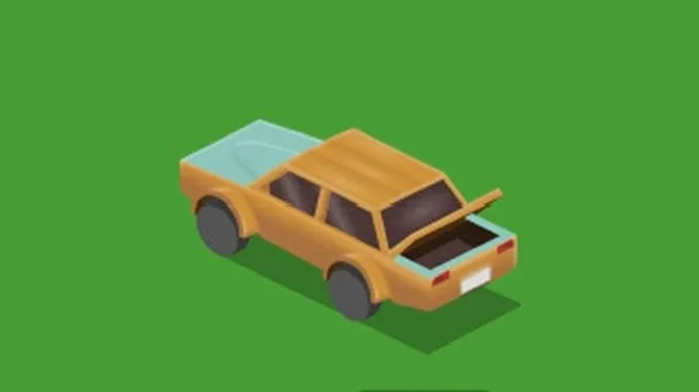 The back and side of an 80s car in isometric view. on green ground. The trunk is open.